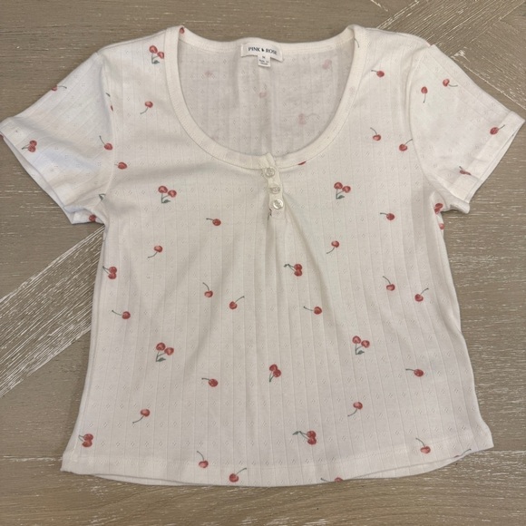 Pink Rose White Cherry Print Short Sleeve Tee - Picture 1 of 5